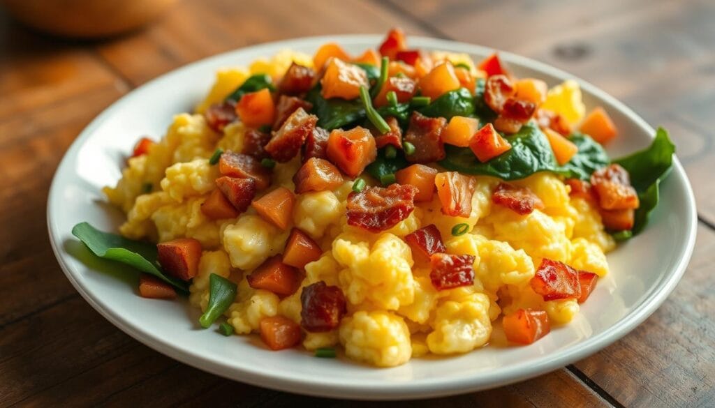 Loaded Scrambled Eggs with Bacon and Vegetables