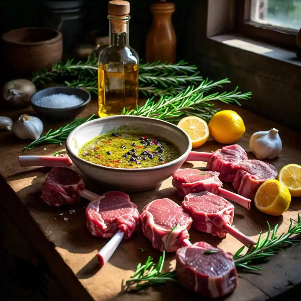 Grilled lamb lollipops seasoned with herbs, served on a wooden platter with fresh rosemary sprigs and a side of dipping sauce.