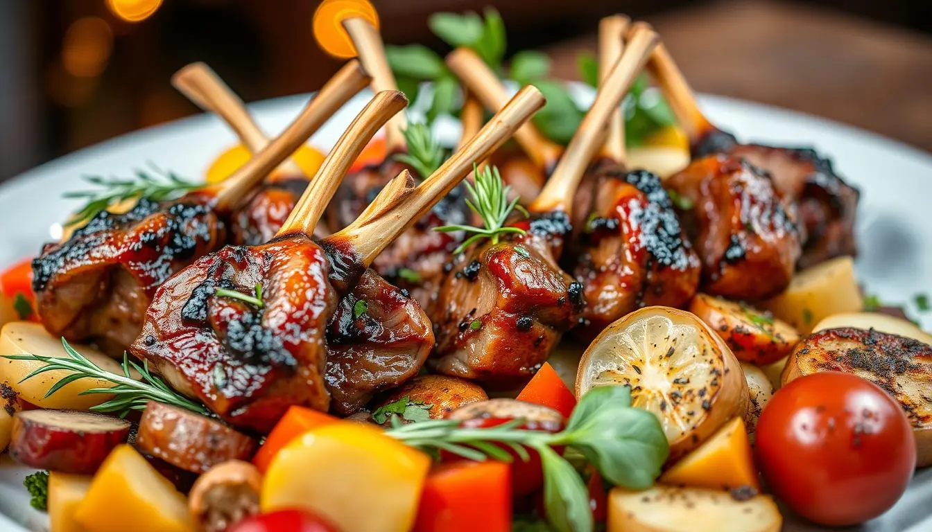 Grilled lamb lollipops seasoned with herbs, served on a wooden platter with fresh rosemary sprigs and a side of dipping sauce.