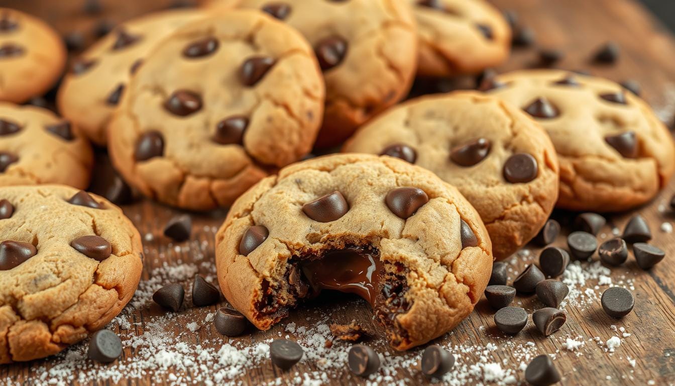 Freshly baked small batch chocolate chip cookies placed on parchment paper, with gooey chocolate chips and a warm, golden-brown texture, perfect for a quick treat.