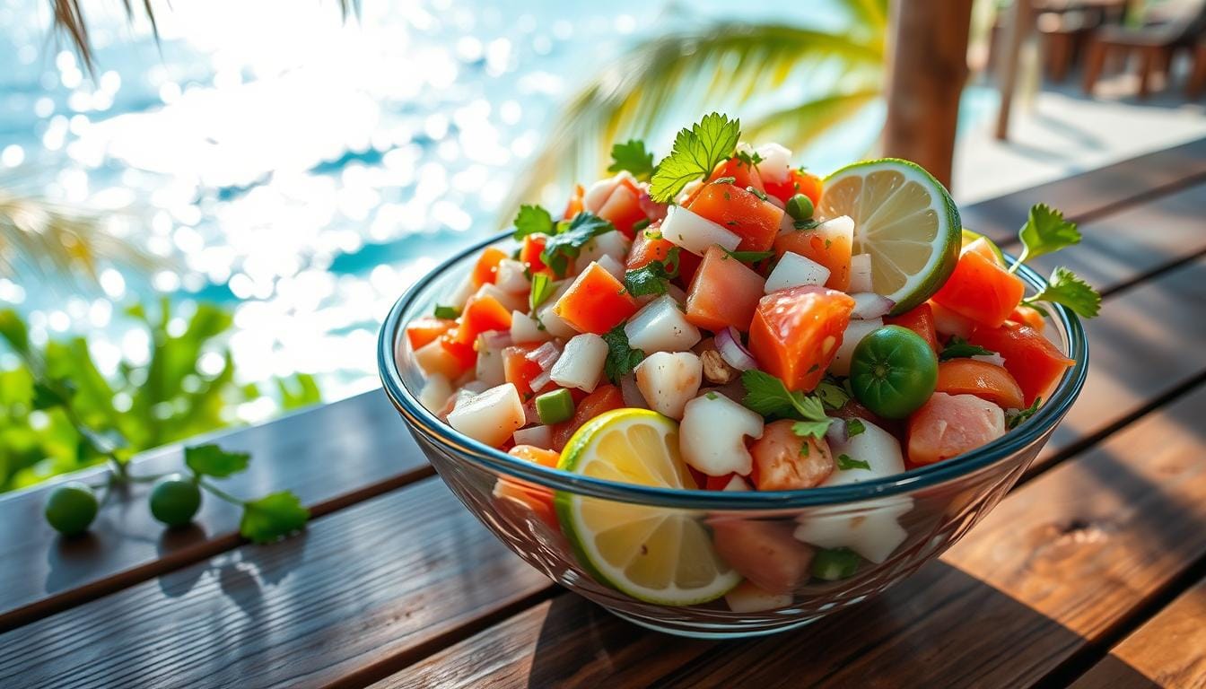 A vibrant conch salad featuring diced conch, colorful bell peppers, red onions, and fresh citrus, served in a bowl for a refreshing taste of the Bahamas