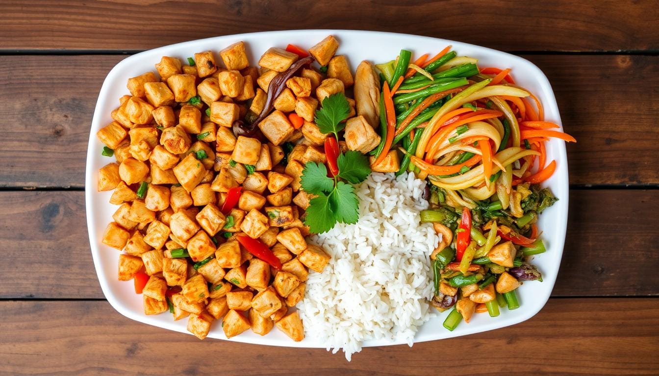 Plate of diced chicken pieces cooked to perfection, surrounded by fresh vegetables and seasonings, showcasing easy and delicious diced chicken recipes