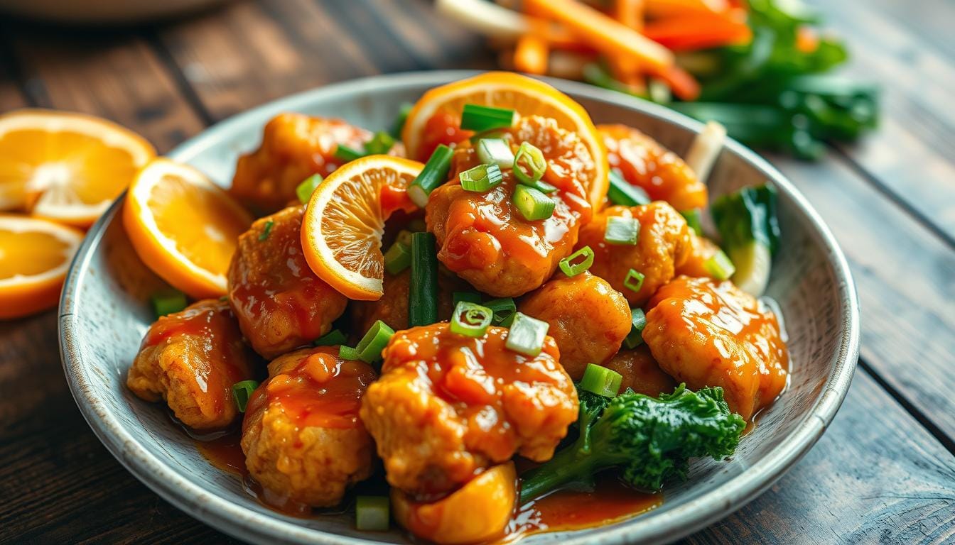 A vibrant plate of Keto Vegan Orange Chicken served with fresh broccoli florets, garnished with sesame seeds and orange zest, set on a rustic wooden table.