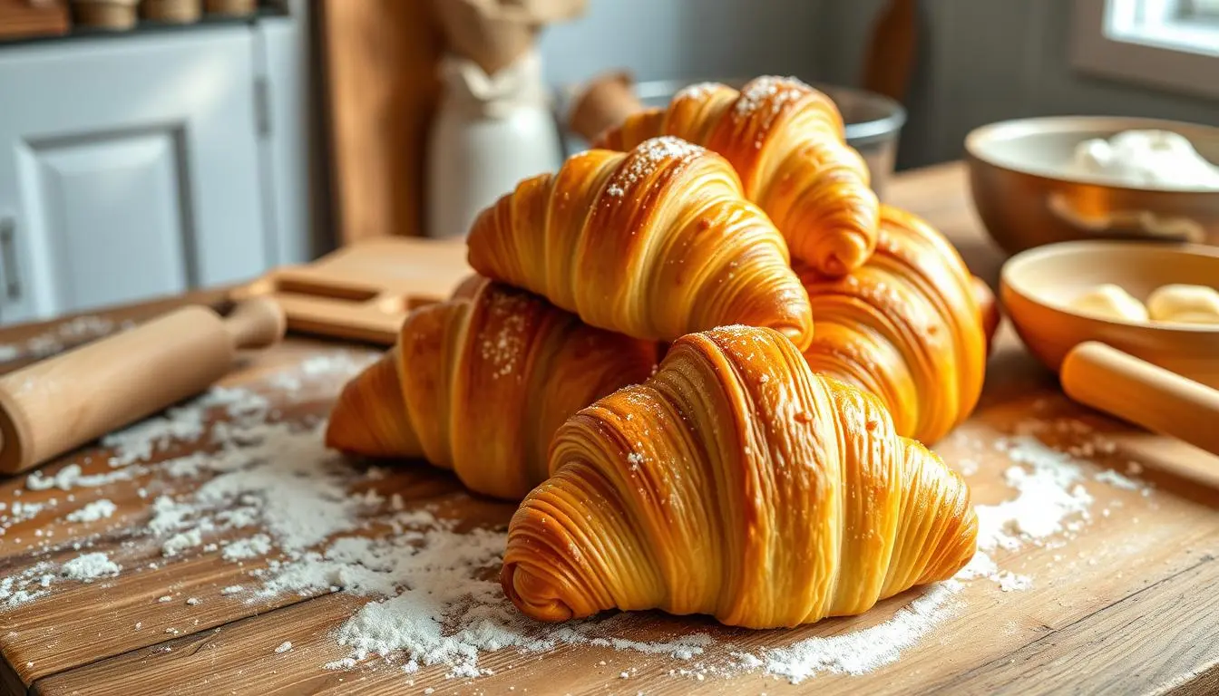 "Freshly baked Swiss Gipfeli arranged on a wooden board, golden and flaky, showcasing the perfect result of the delicious Gipfeli recipe."