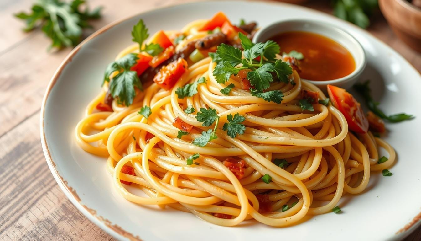 Close-up of delicious gluten free egg noodles served in a bowl, showcasing their golden color and smooth texture – a healthy alternative to traditional noodles.