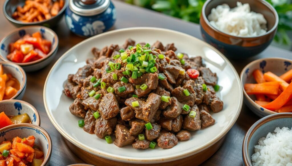 "A savory ground beef bulgogi recipe featuring caramelized beef, garnished with sesame seeds and green onions, served alongside steamed rice and vegetables."