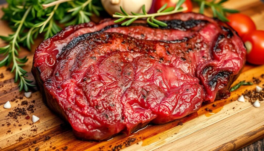 Close-up image of a beef loin flat iron steak label showcasing detailed information about the cut, quality, and packaging.