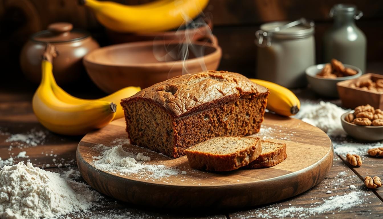 "Close-up of a freshly baked loaf of moist banana bread made with 2 ripe bananas, sliced and placed on a rustic wooden table, perfect for a quick and easy recipe."