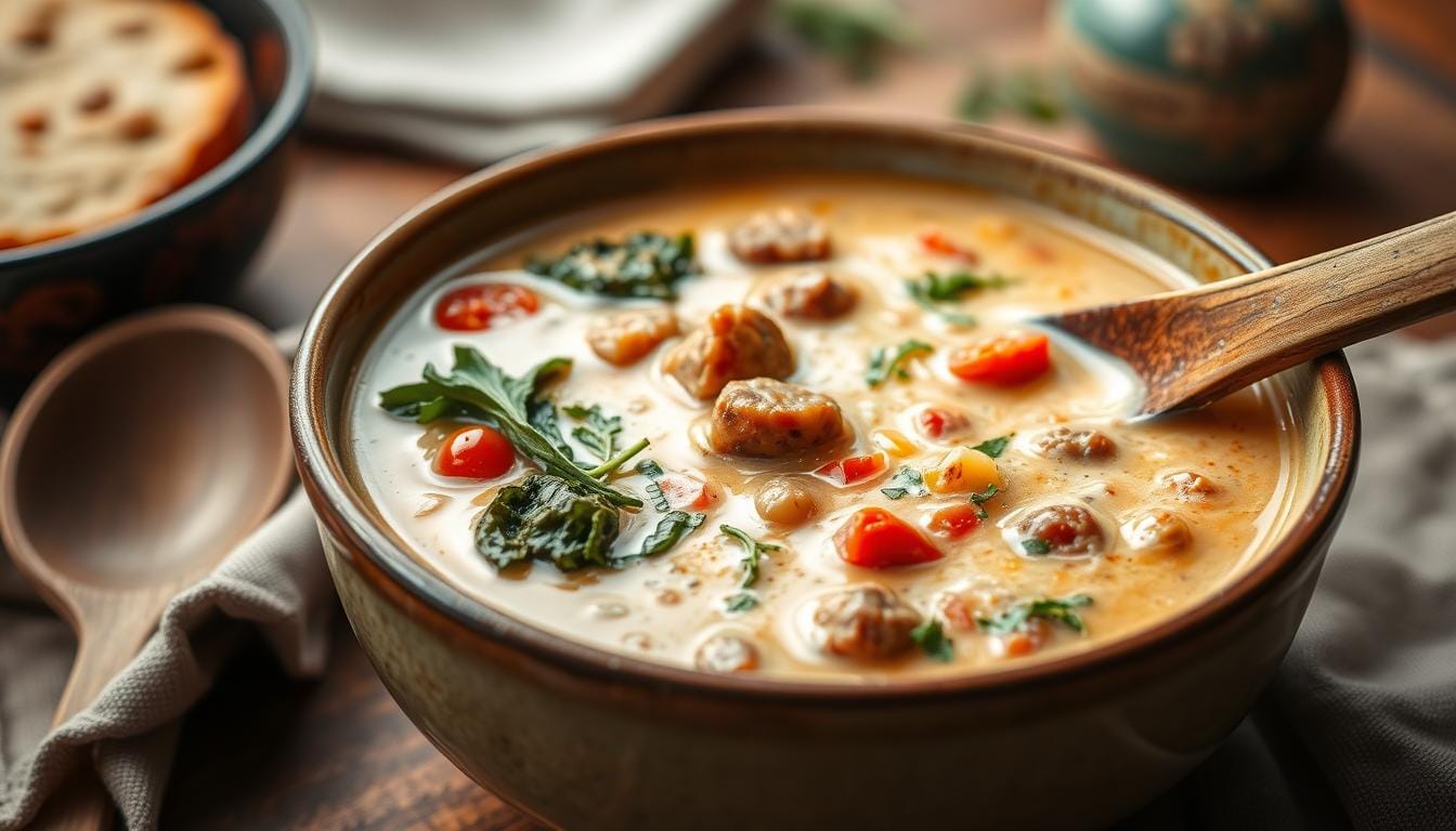 "Close-up of a bowl filled with Creamy Parmesan Italian Sausage Soup, garnished with fresh herbs and served with a slice of crusty bread on the side."