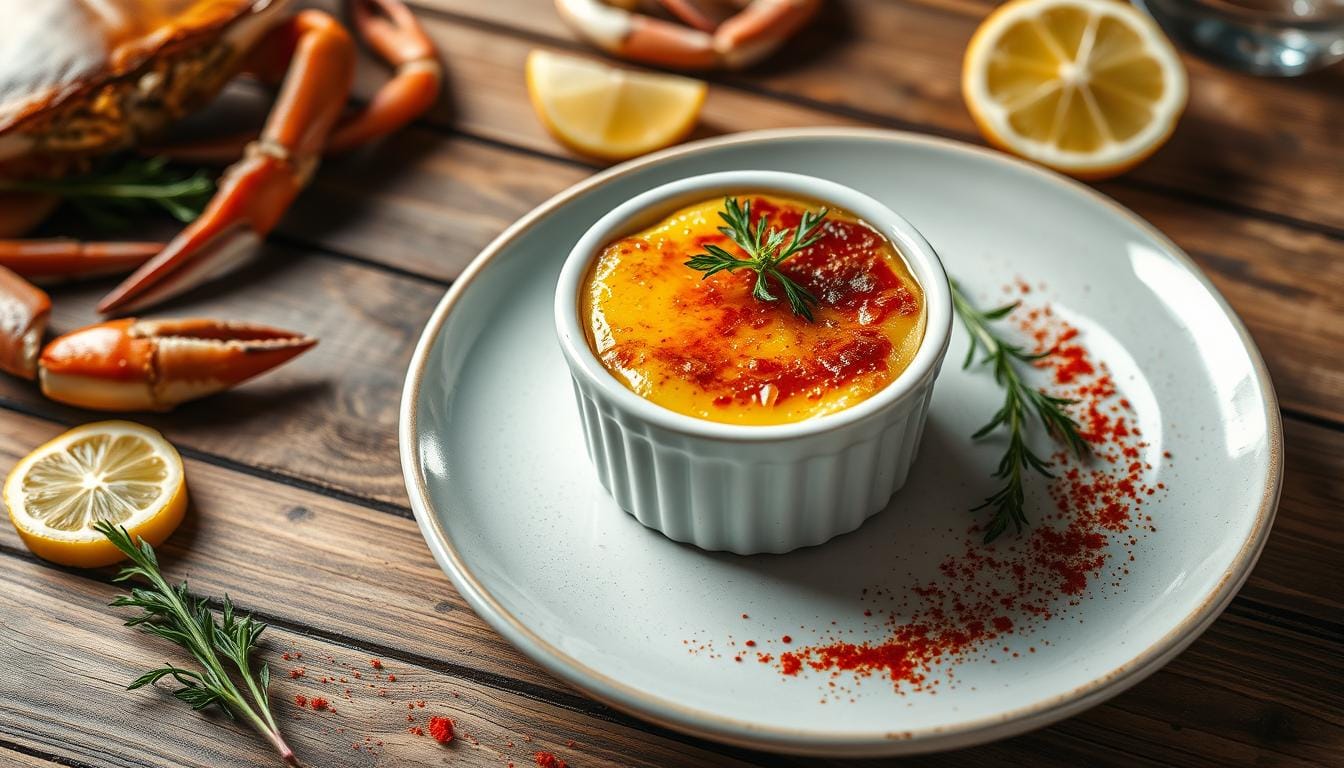 "Golden and creamy crab brulee recipe served in elegant ramekins, topped with a perfectly caramelized crust. A delightful seafood appetizer that's easy to make at home and perfect for impressing guests."