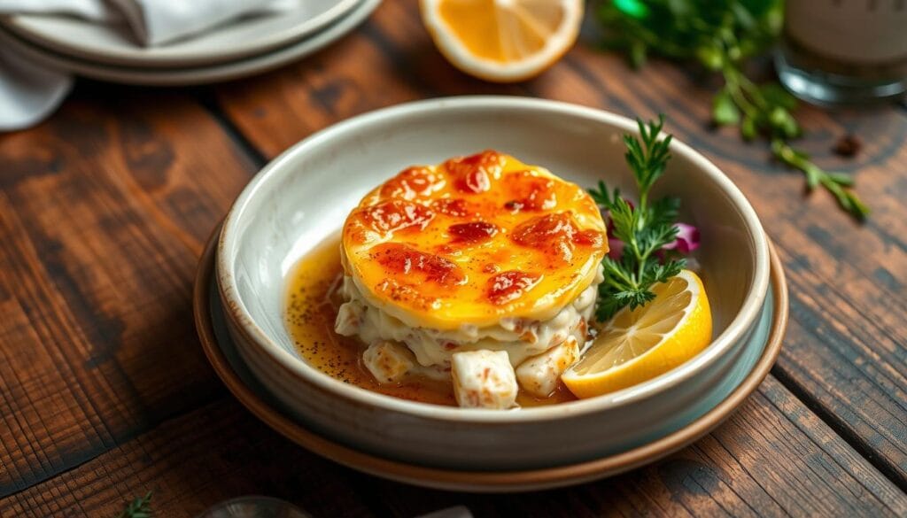 "Golden and creamy crab brulee recipe served in elegant ramekins, topped with a perfectly caramelized crust. A delightful seafood appetizer that's easy to make at home and perfect for impressing guests."