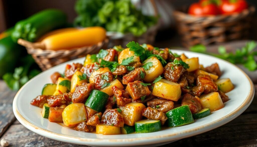 A delicious Zucchini Beef Fry served in a skillet, showcasing tender beef strips and sautéed zucchini slices, garnished with fresh herbs. Perfect for an easy and tasty weeknight dinner.