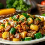 A delicious Zucchini Beef Fry served in a skillet, showcasing tender beef strips and sautéed zucchini slices, garnished with fresh herbs. Perfect for an easy and tasty weeknight dinner.