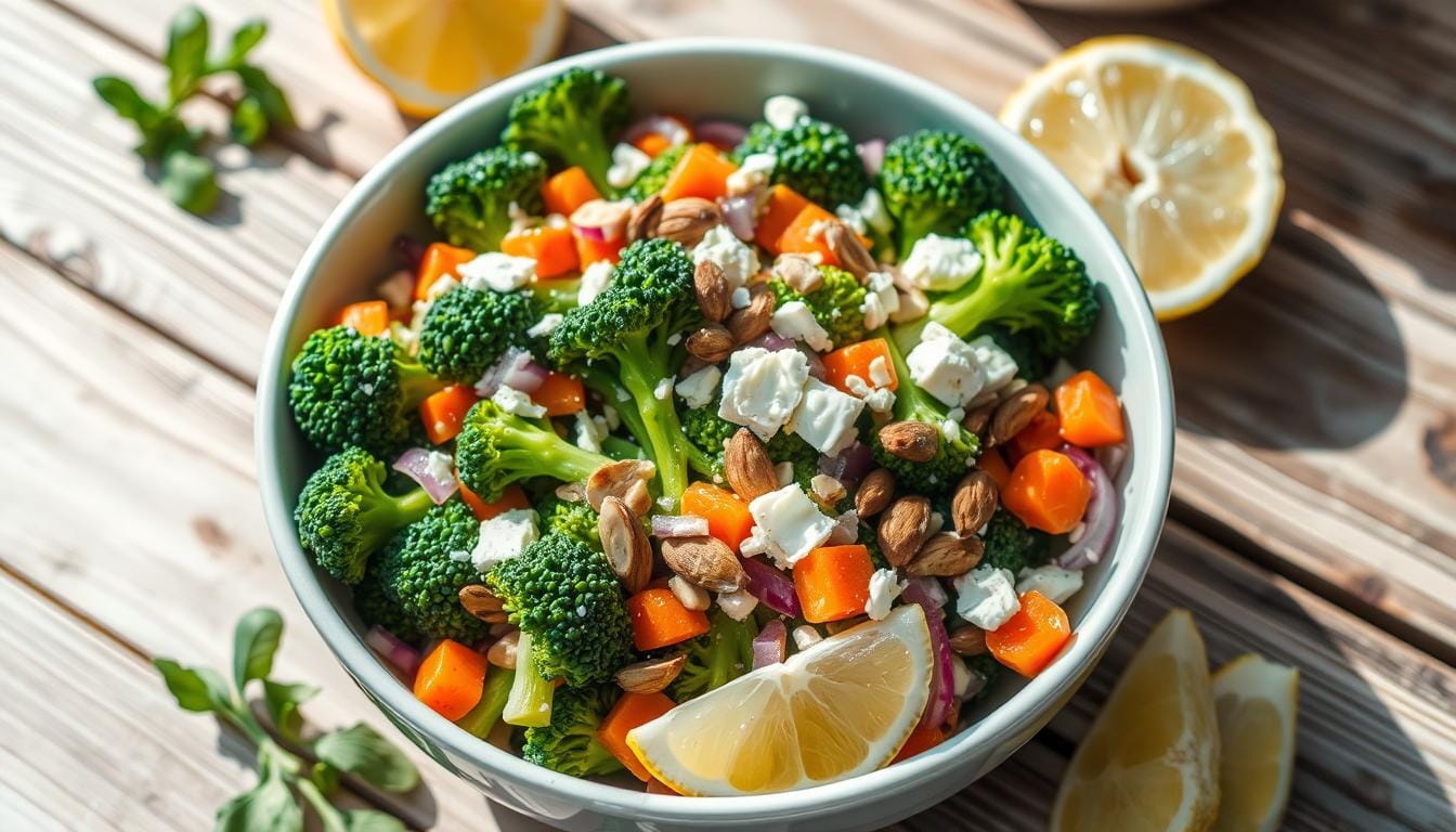 A vibrant bowl of Chicken Salad Chick Broccoli Salad featuring fresh broccoli florets, shredded cheese, crispy bacon bits, sunflower seeds, and a creamy dressing, perfect for recreating the Chicken Salad Chick Broccoli Salad recipe at home