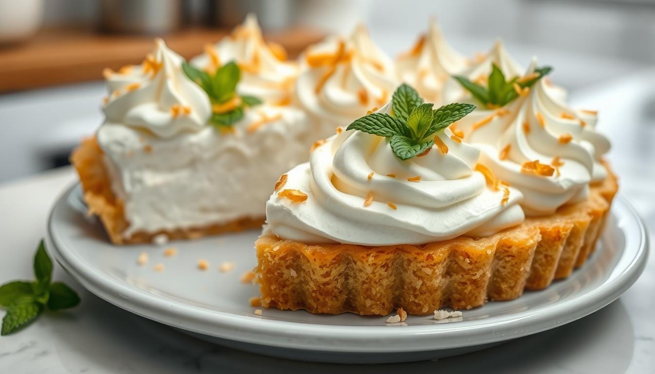 Close-up of a golden-brown Coconut Cream Meringue Pie with fluffy, toasted peaks of meringue, served as a perfect dessert.