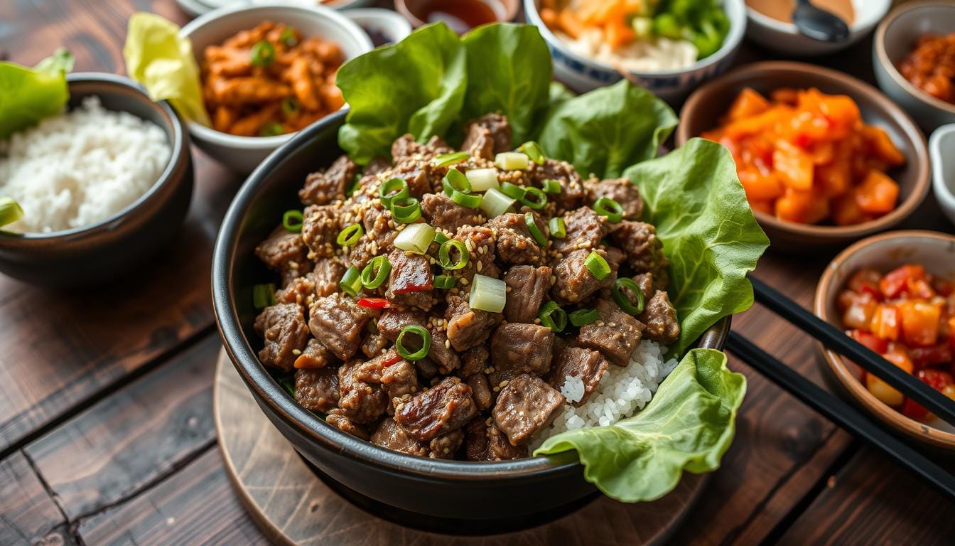 "A savory ground beef bulgogi recipe featuring caramelized beef, garnished with sesame seeds and green onions, served alongside steamed rice and vegetables."